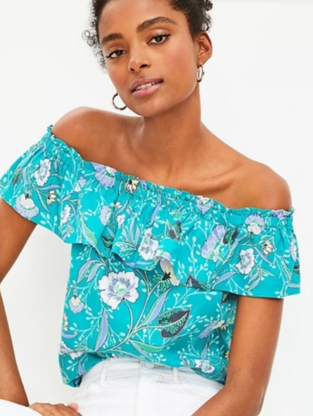 LOFT Teal Floral Ruffle Neck Linen Blend Blouse Sz S